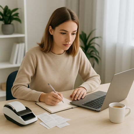 Gründer mit Laptop und Scanner beim Erfassen von B